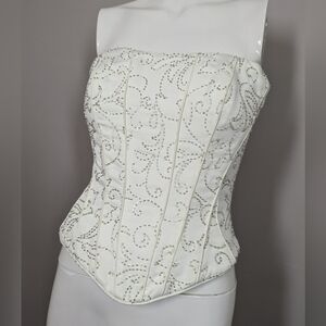 Bonny White Beaded Corset Top Size 2 Strapless Bustier Boned Zip & Lace Up